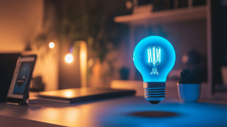 A close-up of a smart light bulb with a glowing blue ring, placed on a modern desk with a control app open on a smartphone nearbyの素材