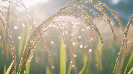 A close-up of rice stalks with dew droplets on the grains, highlighting the freshness and natural beauty of the rice field in the early morning.の素材