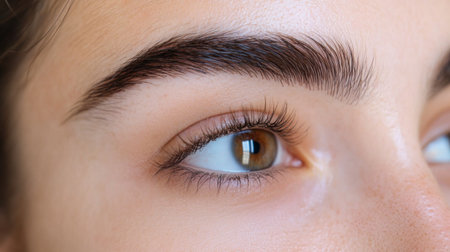 A close-up of a woman face with a focus on her eyebrows, showcasing the details of her eyebrow shape and natural expression.の素材