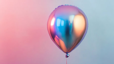 A close-up of a single, shiny metallic balloon with a reflective surface, capturing its texture and vibrant color against a simple backdrop.の素材