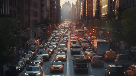 A city street with bumper-to-bumper traffic, emphasizing the density of vehicles and the impact of congestion on daily commutes.の素材