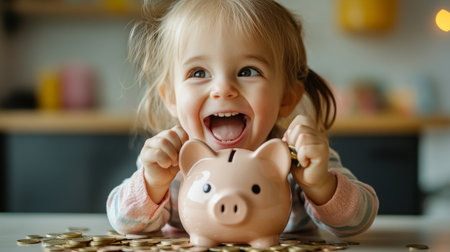 A child placing coins into a piggy bank with a joyful expression, emphasizing the importance of teaching kids about saving money.の素材