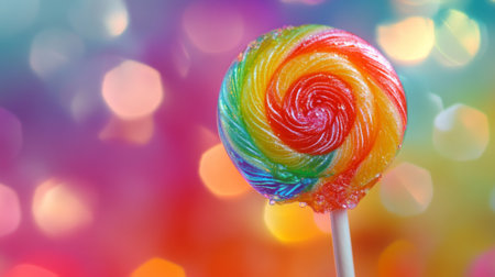 A close-up of a single lollipop with a swirl pattern, capturing its glossy surface and vibrant colors.の素材