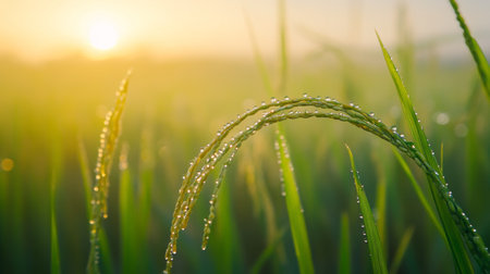 A close-up of rice stalks with dew droplets on the grains, highlighting the freshness and natural beauty of the rice field in the early morning.の素材