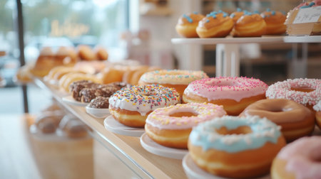 A cheerful bakery counter with a display of donuts in different shapes and flavors, inviting customers to indulge.の素材