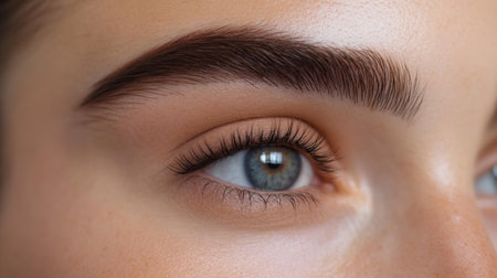 A close-up of a woman's perfectly shaped eyebrows with a natural look, showcasing well-groomed and defined brows.の素材