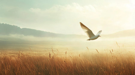 A close-up view of a bird gliding above a field or meadow, with the landscape stretching out beneath it.の素材