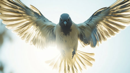 A close-up shot of a bird in mid-flight with wings spread wide, capturing the detail of feathers against a clear sky.の素材