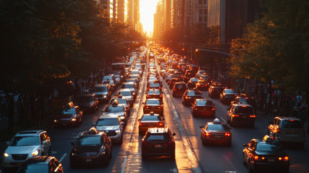 A city street with bumper-to-bumper traffic, emphasizing the density of vehicles and the impact of congestion on daily commutes.の素材