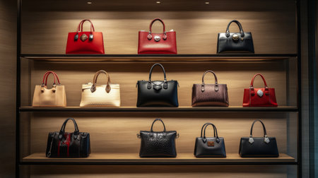 A chic handbag display in a boutique setting, showcasing various styles and designs of women's fashion bags on a stylish shelf.の素材
