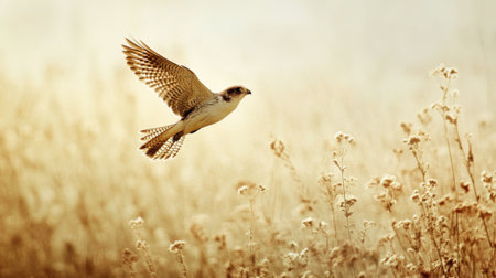 A close-up view of a bird gliding above a field or meadow, with the landscape stretching out beneath it.の素材