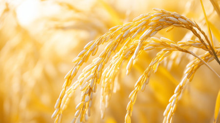 A close-up of ripe rice stalks with golden grains swaying gently in the breeze, showcasing the beauty and abundance of the harvest season.の素材