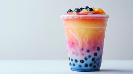 A close-up of a bubble tea cup with a decorative pattern on the cup, featuring the drink layered colors and tapioca pearls, set against a plain white backdropの素材