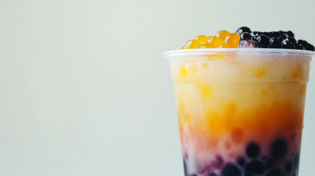 A close-up of a bubble tea cup with a decorative pattern on the cup, featuring the drink layered colors and tapioca pearls, set against a plain white backdropの素材