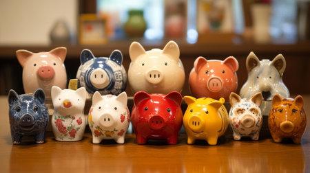 A collection of various piggy banks with different designs and sizes, arranged on a table, showcasing different styles of saving money.の素材