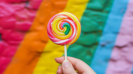 A hand holding a lollipop in front of a colorful background, emphasizing the candy brightness and appeal.の素材
