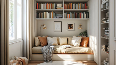 A cozy nook featuring a sofa with a built-in bookshelf or storage, perfect for reading or relaxing with a good book.の素材