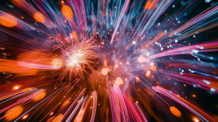A long exposure shot of a fireworks display with trails of light and vibrant bursts illuminating the night sky.の素材