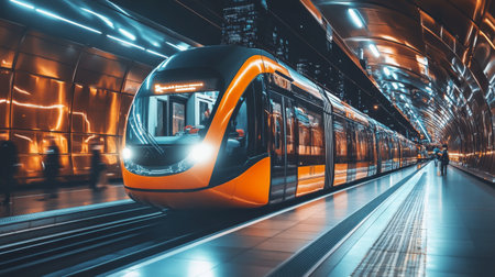 A modern public transit system with sleek trains or buses arriving at a station, showcasing efficient urban transportationの素材