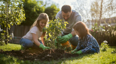 A family planting trees together in their backyard, with children helping and everyone wearing gardening gloves, showcasing a family activity.の素材