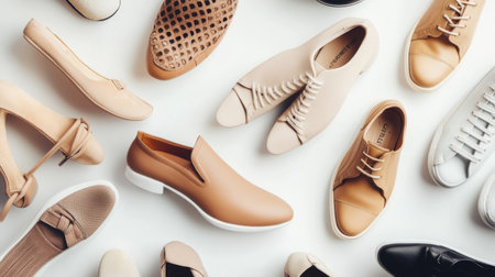 A flat lay of various trendy women fashion shoes, including heels, flats, and sneakers, arranged neatly on a clean, white surface.の素材