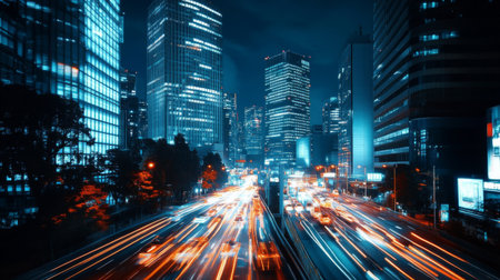 A night scene with illuminated skyscrapers and city lights, capturing the vibrant and dynamic atmosphere of a city center after dark.の素材