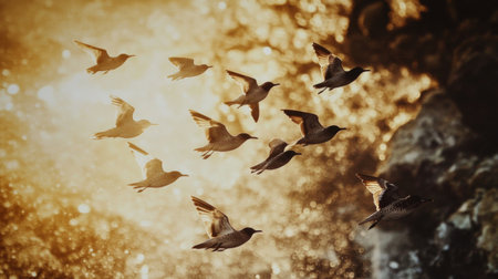 A group of birds flying in formation close to the ground, showcasing the coordination and movement of the flock.の素材
