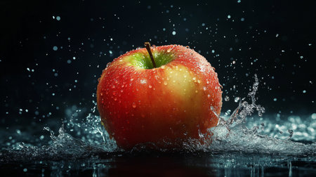 A dynamic shot of an apple with water droplets being splashed or sprayed, highlighting its freshness and the juicy texture of the fruit.の素材