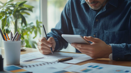 A man using a tablet or smartphone while seated at a desk with notes and a coffee cup, showcasing multitasking and modern technology in work.の素材