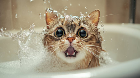A humorous shot of a cat surprised face as it gets its first bath, with water splashing and bubbles floating aroundの素材