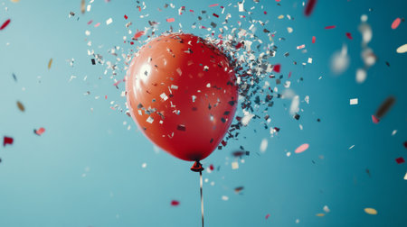 A creative image of a balloon being popped, with fragments of the balloon and confetti flying through the air, capturing the excitement of a celebrationの素材