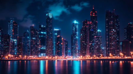 A night scene with illuminated skyscrapers and city lights, capturing the vibrant and dynamic atmosphere of a city center after dark.の素材