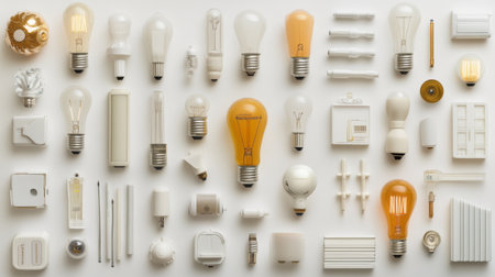 A flat lay of various light bulb packaging and labels, including energy ratings and types, arranged neatly on a white background for a retail setting.の素材