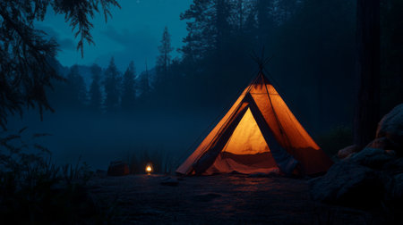 A nighttime scene of a tent illuminated from inside with warm light, creating a cozy and inviting atmosphere in the wilderness.の素材