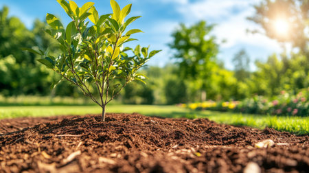 A landscape scene of a newly planted tree with a protective mulch layer, set in a freshly prepared garden bed under a sunny sky.の素材