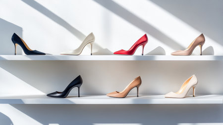 A fashion-forward display of women's shoes, including designer pumps and stylish sandals, positioned elegantly on a minimalist white shelf.の素材