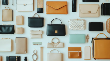 A flat lay of various fashionable women's bags, including clutches, crossbody bags, and tote bags, arranged neatly on a white surface.の素材