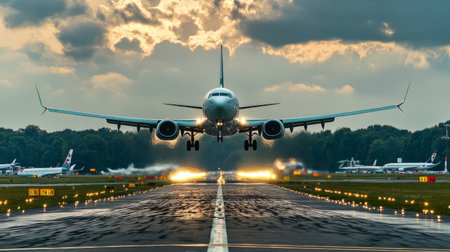 A panoramic shot of an airplane climbing into the sky from a busy airport runway, capturing the busy atmosphere of air travel.の素材