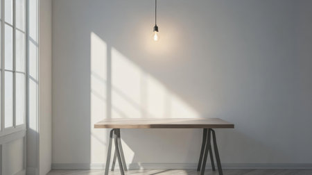 A minimalist workspace with a single pendant light bulb hanging from the ceiling, illuminating a clean, modern desk with simple decor.の素材