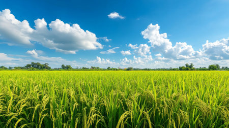 A field of lush green rice stalks ready for harvest, with a backdrop of a clear blue sky and a distant rural landscape.の素材