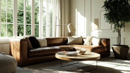 A living room with a comfortable leather sofa paired with a coffee table and floor lamp, creating a sophisticated and functional space.の素材