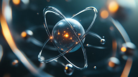 A close-up view of a 3D model of an atom, with clear visuals of protons, neutrons, and electrons in a dynamic, scientific illustration.の素材