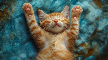A cat sleeping in a funny or unusual position, such as on its back with paws in the air, creating a charming and whimsical scene.の素材