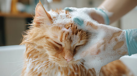 A cat being bathed in a pet grooming salon, with a professional groomer using gentle techniques to ensure the cat comfort during the bath.の素材