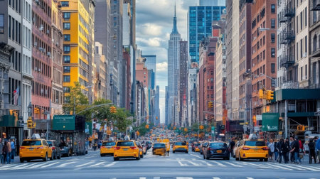 A busy street view with tall skyscrapers towering above, showing the hustle and bustle of city life and the scale of the urban landscape.の素材