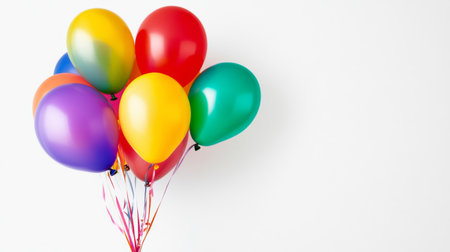 A close-up of a bunch of helium-filled balloons tied together with ribbons, set against a clean white background, emphasizing their bright colorsの素材