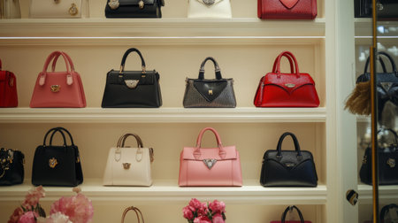 A chic handbag display in a boutique setting, showcasing various styles and designs of women's fashion bags on a stylish shelf.の素材