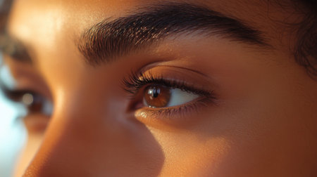 A close-up of a woman face with a focus on her eyebrows, showcasing the details of her eyebrow shape and natural expression.の素材