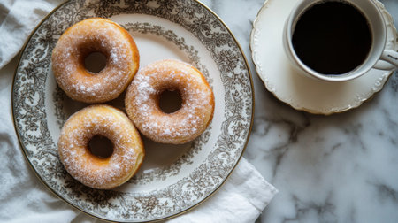 A flat lay of donuts on a decorative plate, with a cup of coffee and a napkin, creating a perfect breakfast or snack scene.の素材