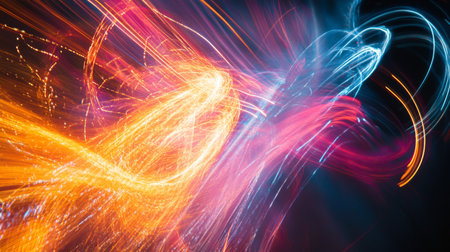 A long exposure shot of a fireworks display with trails of light and vibrant bursts illuminating the night sky.の素材